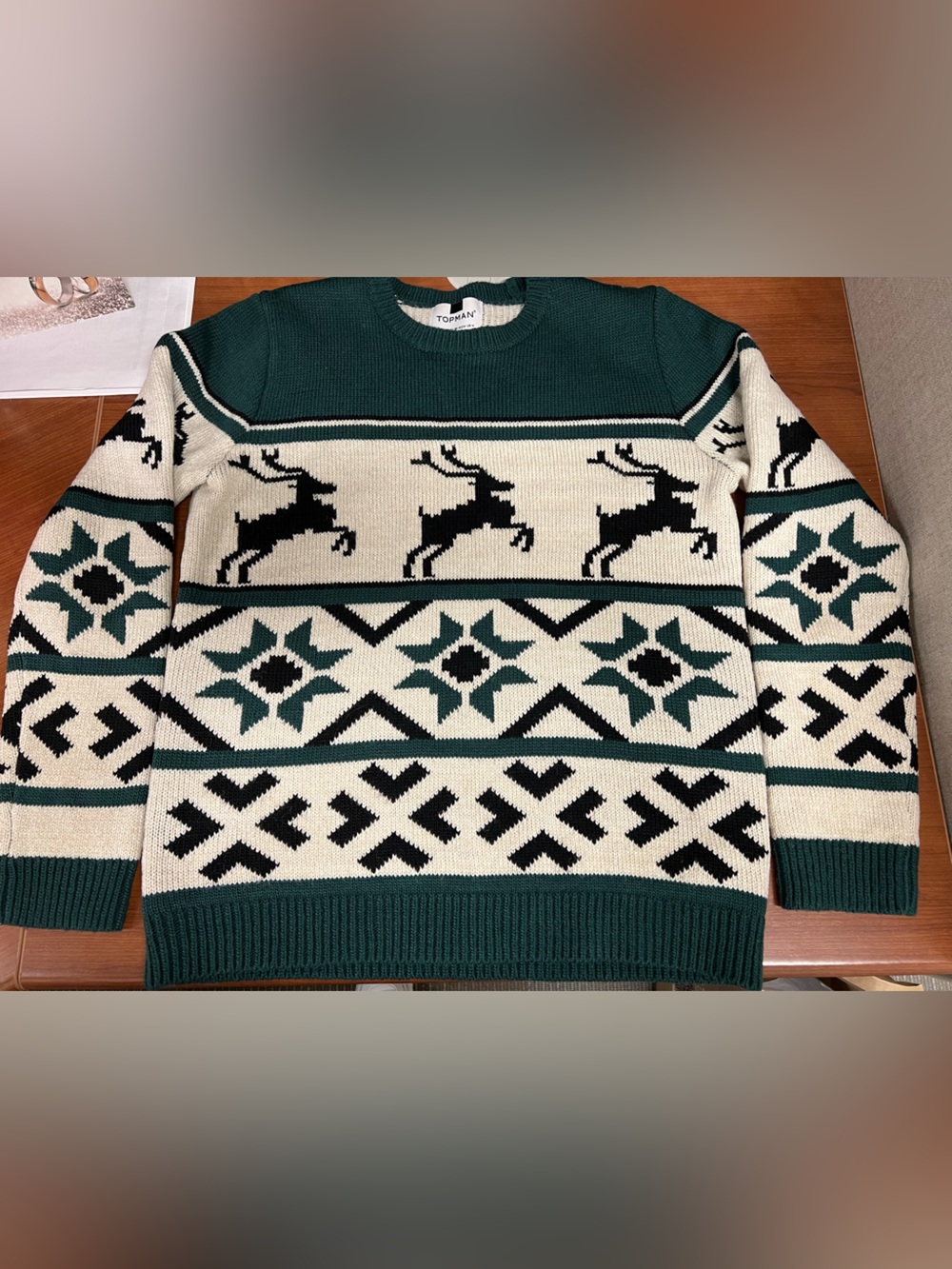 Topman Green, Cream & Black Nordic Reindeer Crewneck Sweater